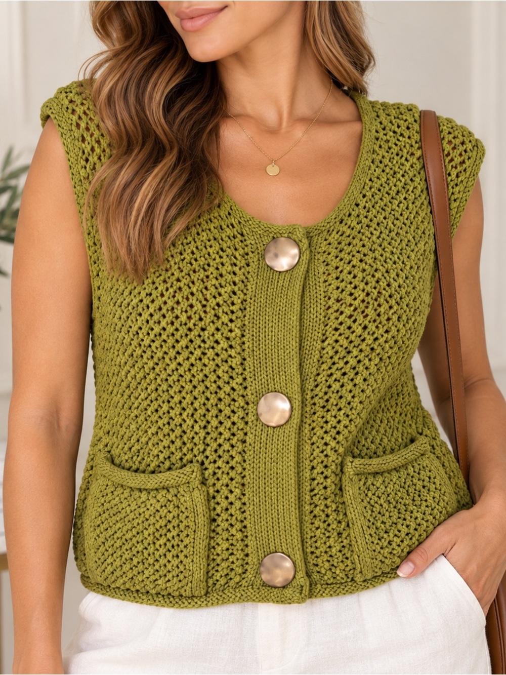 Zara Olive Green Chunky Knit Button Vest Size M